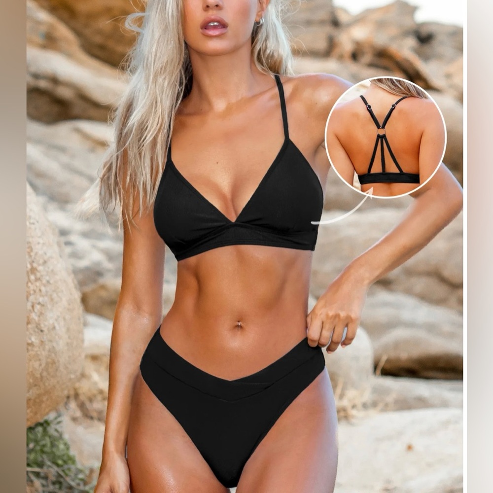 Black V-Neck Bralette & High Waist Hipster Bikini Set Size Medium